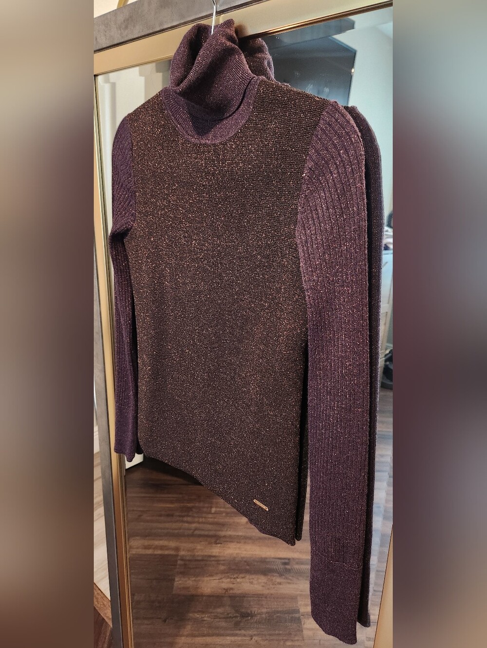 Purple Turtleneck Rib-Sleeve Women's Sweater
